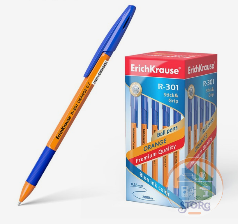 Ручка шариковая Erich Krause R-301 Orange Stick & Grip, узел 0.7 мм, чернила синие, резиновый упор, длина линии письма 1000 метров