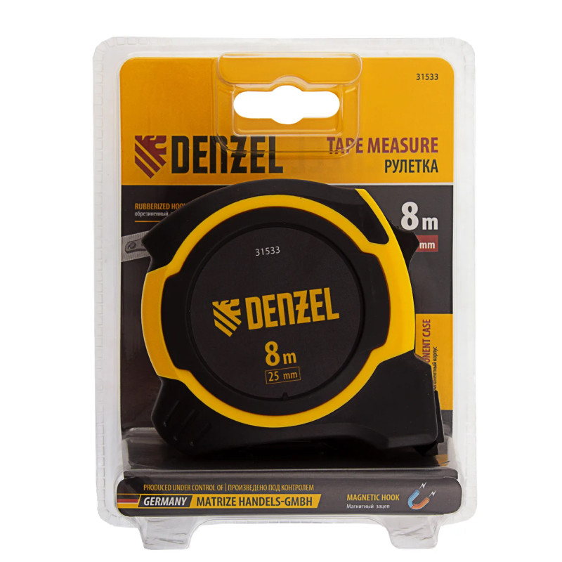 Рулетка Denzel 8м х 25мм, двухкомп. корпус, магнитный обрезиненный зацеп