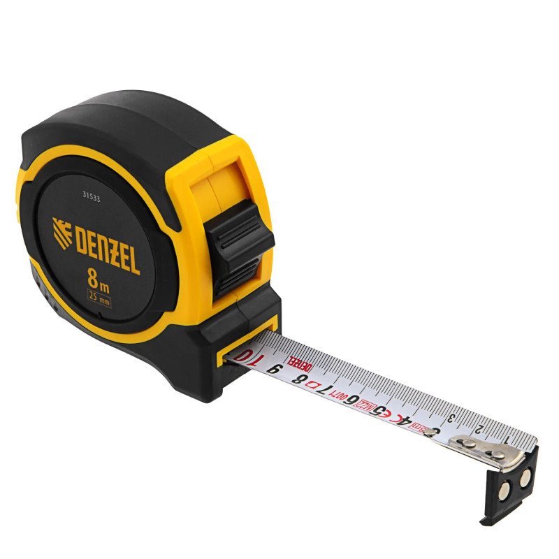 Рулетка Denzel 8м х 25мм, двухкомп. корпус, магнитный обрезиненный зацеп