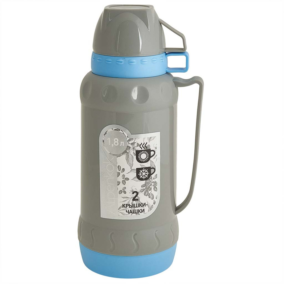 Термос ALPENKOK  AK-10107S со стеклянной колбой 1,8л, 2 крышки-чашки, серый