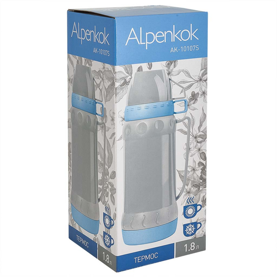 Термос ALPENKOK  AK-10107S со стеклянной колбой 1,8л, 2 крышки-чашки, серый