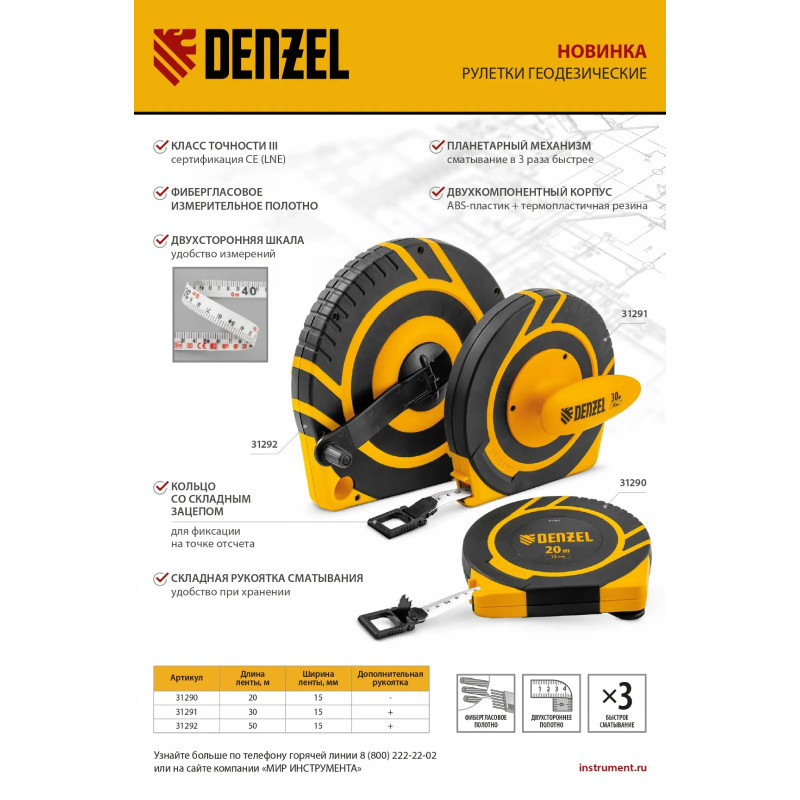 Рулетка геодезическая Denzel 30 м х 15 мм, закрытый корпус, фиберглассовая лента