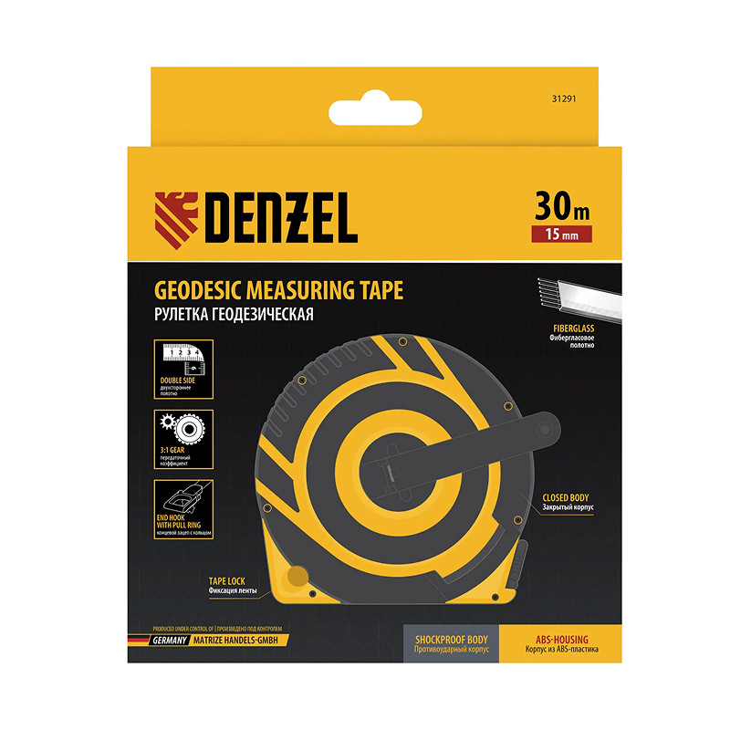 Рулетка геодезическая Denzel 30 м х 15 мм, закрытый корпус, фиберглассовая лента