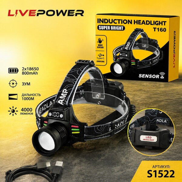 Налобный светодиодный фонарь Live-Power PLD-T162, 4000лм, дальность до 1000м, 2акк.18650, зум, 50pcs