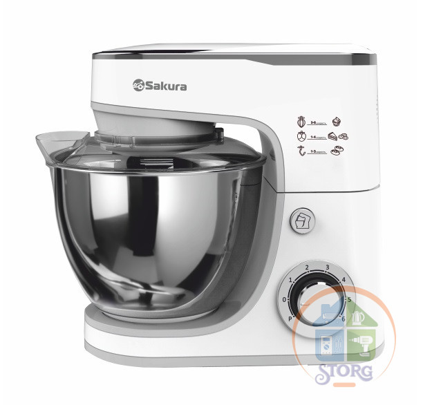 Миксер с чашей SAKURA SA-6332W ELEGANT (Белый; Планетарный; Мощность 1300Вт;Объем 5л;6 скорст+Турбо)