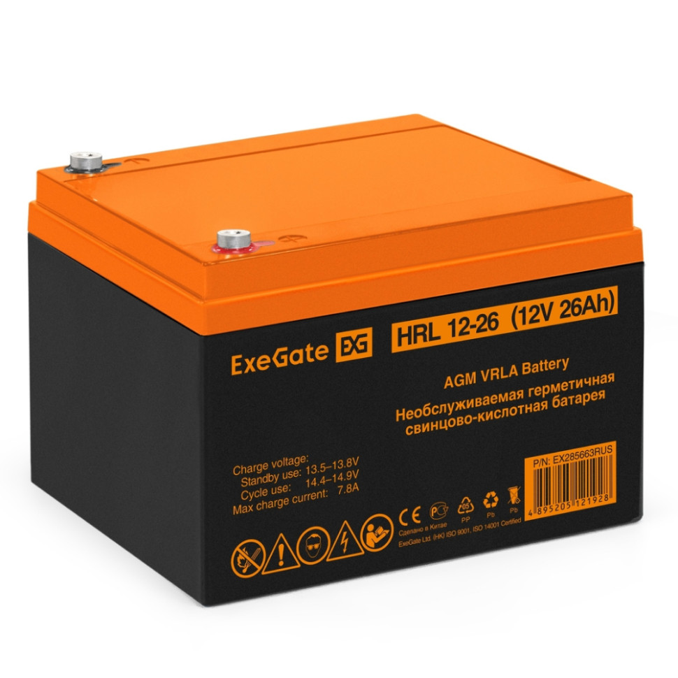 Аккумуляторная батарея ExeGate HRL 12-26 (12V, 26Ah, клеммы F3 (болт М5 с гайкой))