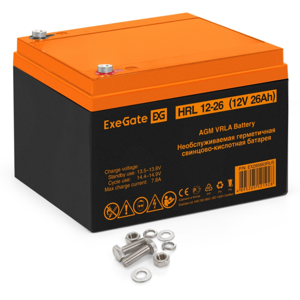 Аккумуляторная батарея ExeGate HRL 12-26 (12V, 26Ah, клеммы F3 (болт М5 с гайкой))