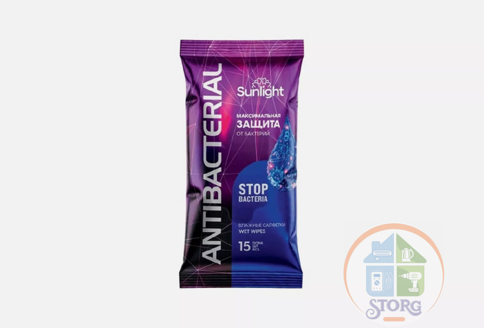 Влажные салфетки 15 шт SUNLIGHT Antibacterial/144шт/36штуп
