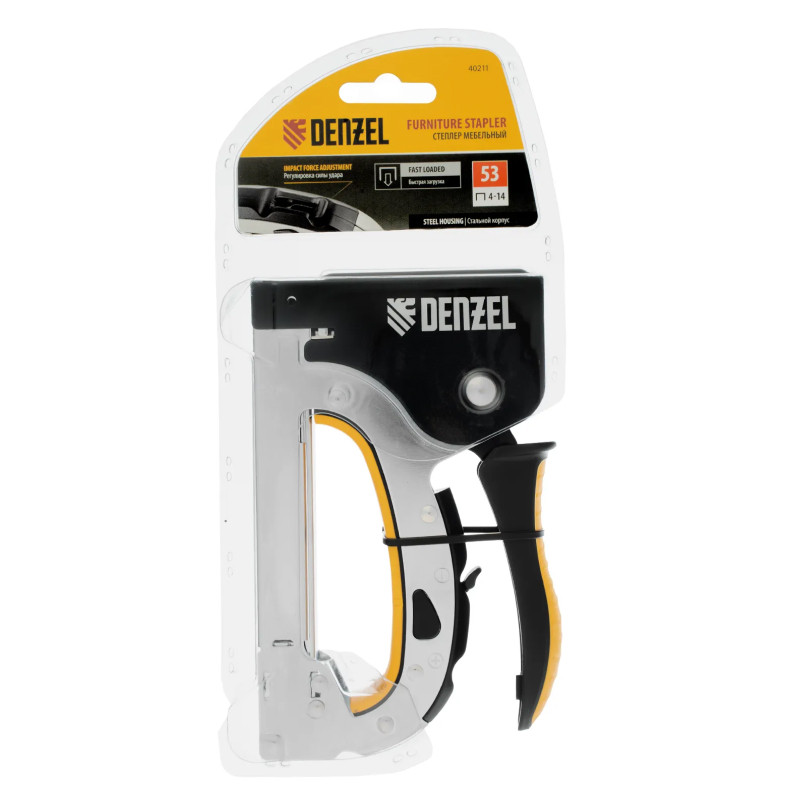 Степлер мебельный Denzel, тип 53, 4-14 мм, стальной корпус, быстрая загрузка, регул. силы удара,