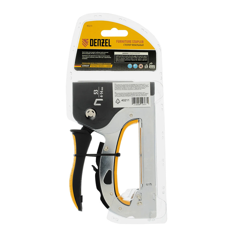Степлер мебельный Denzel, тип 53, 4-14 мм, стальной корпус, быстрая загрузка, регул. силы удара,