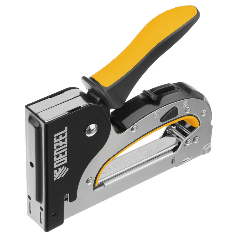 Степлер мебельный Denzel, тип 53, 4-14 мм, стальной корпус, быстрая загрузка, регул. силы удара,