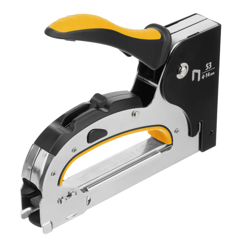 Степлер мебельный Denzel, тип 53, 4-14 мм, стальной корпус, быстрая загрузка, регул. силы удара,