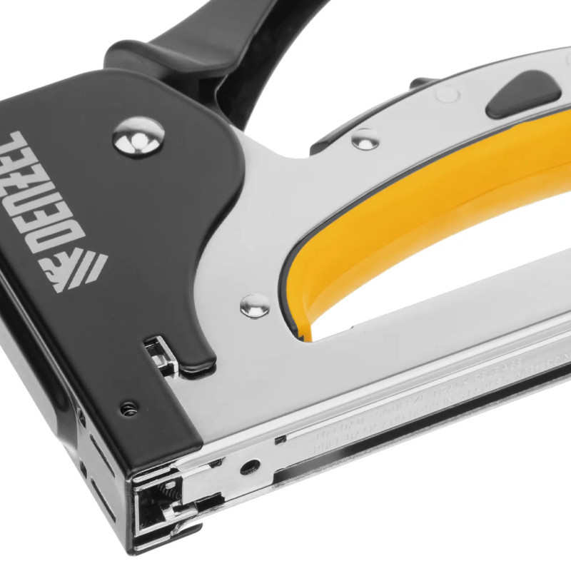 Степлер мебельный Denzel, тип 53, 4-14 мм, стальной корпус, быстрая загрузка, регул. силы удара,