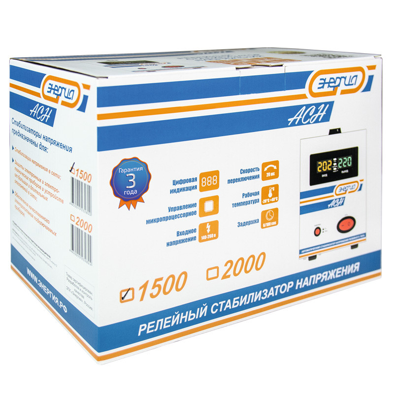 Стабилизатор напряжения релейный Энергия АСН-1500 (напольный, 1500ВА, 140В-260В, гарантия 36 мес.)