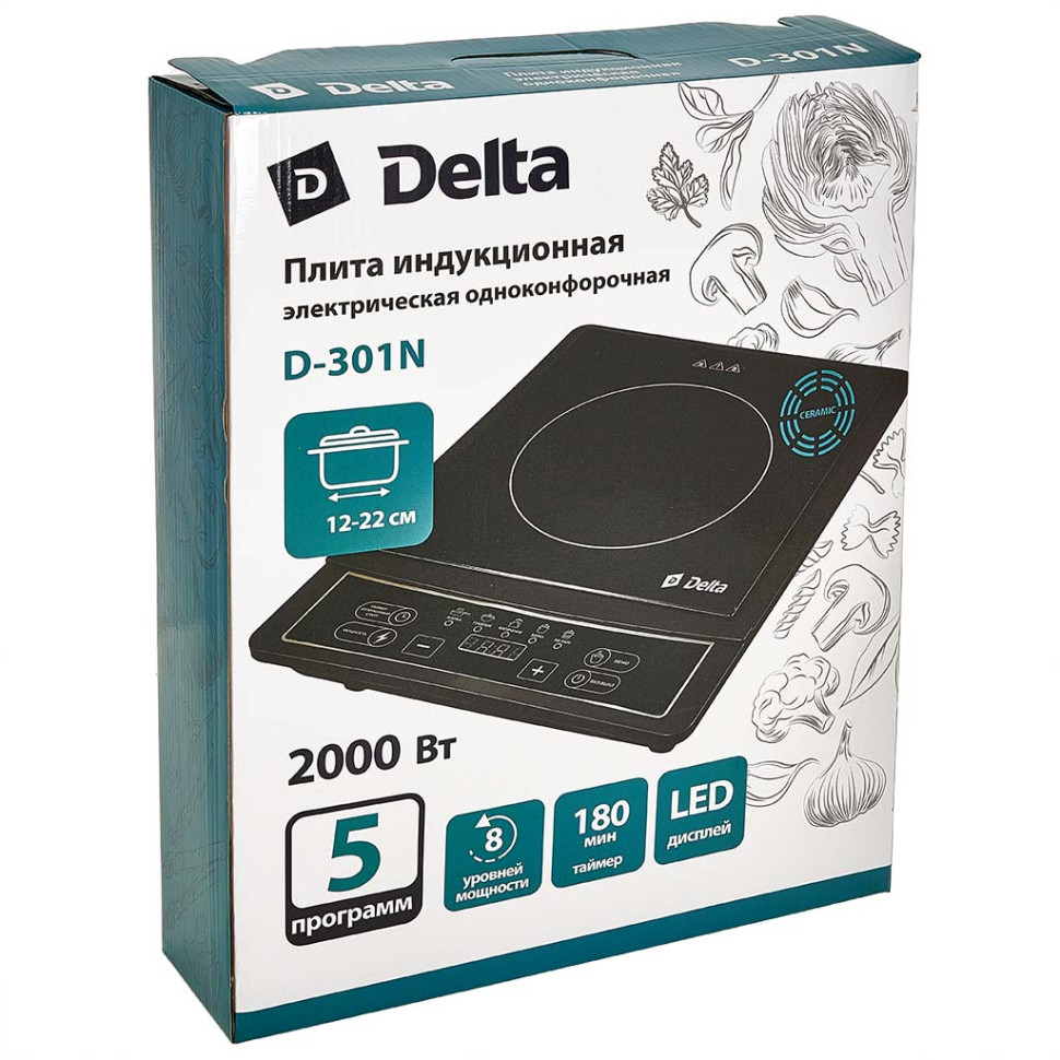 Индукционная плита настольная DELTA D-301N (2000Вт,1-конф., 5прог.,15кг макс.нагруз.,LED,керамика)