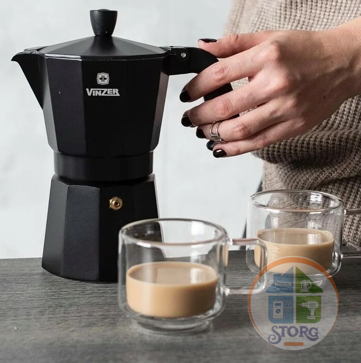 Кофеварка гейзерная VINZER Moka Nero 89396, черный, объем 0.36мл, корпус алюминий, на 9 чашек