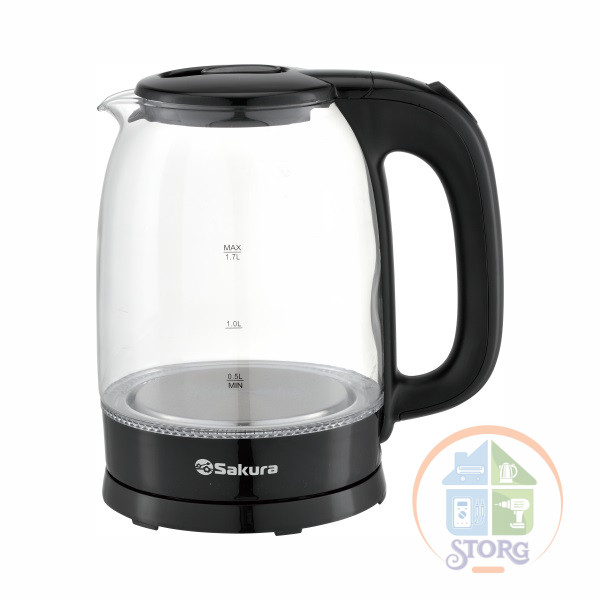 Чайник электрический SAKURA SA-2740BK (Черный; 1850-2200Вт; Стекло; Подсветка; Объем 1.7л)