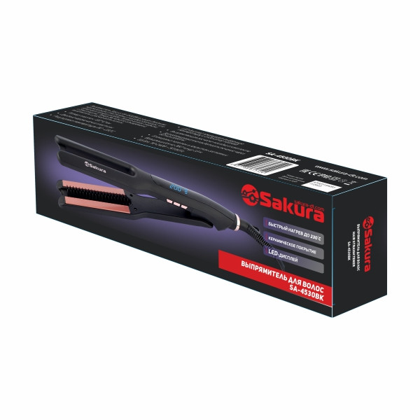 Выпрямитель для волос SAKURA SA-4530BK, черный, 68Вт, 16 темп.реж LED, расческа-насадка, керам.