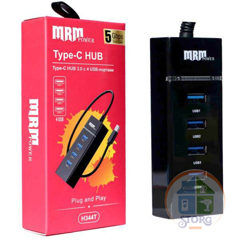 USB-HUB разветвитель (Хаб)  H344T 4USB Ports 3.0 Type-C (Black)