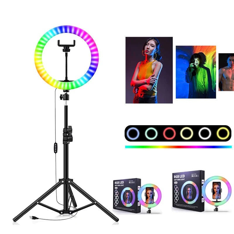 Кольцевая LED лампа MJ-45 RGB 46см многоцветная + штатив 2.1м (многореж, рег/ яркости,крепление, USB)