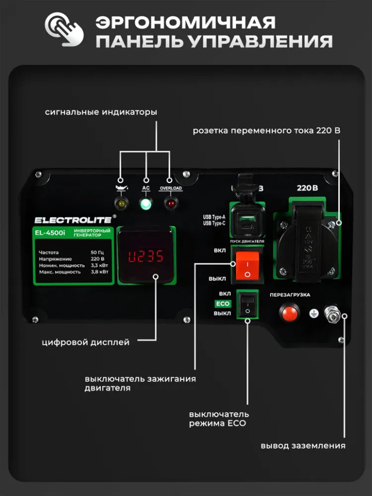 Генератор бензиновый инверторный ELECTROLITE EL4500I, 3.3/3.8 кВт, чистый синус, 4-х тактный