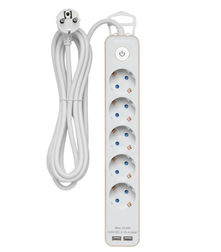 Сетевой удлинитель DUWI 5 гнезд c выкл, с зазем, шторки, 5 м, 3х1,5мм2, 2 USB, 3680W, Черный