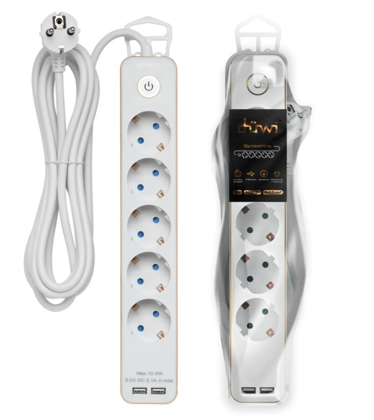 Сетевой удлинитель DUWI 5 гнезд c выкл, с зазем, шторки, 5 м, 3х1,5мм2, 2 USB, 3680W, Черный