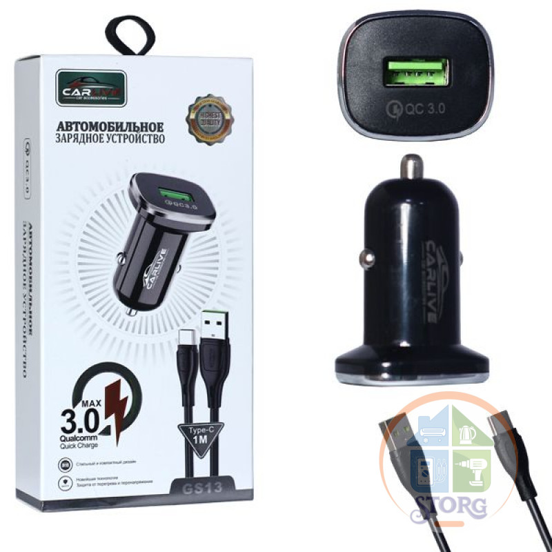АЗУ Carlive GS13  QC3.0 5V/3A 1USB + Type-C 1000mm (Black) в корбочке