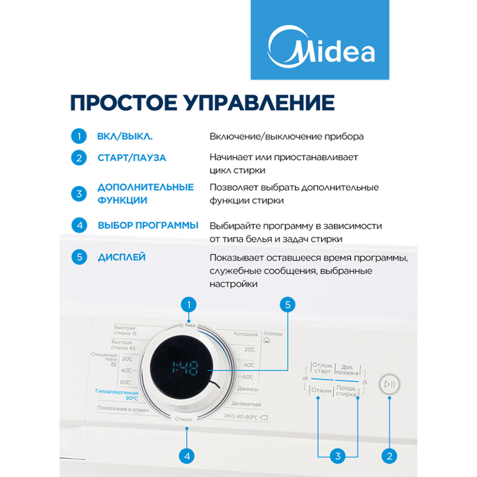Стиральная машина Midea MF100W70/W Белый, 7 кг, 15прог., Lunar Dial, 1200 об/мин, 85х59,5х40см Стиральная машина Midea MF100W70/W Белый, 7 кг, 15прог., Lunar Dial, 1200 об/мин, 85х59,5х40см
