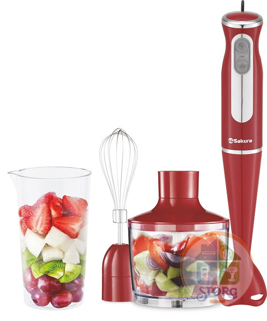 Блендерный набор SAKURA SA-6248SR, красный, 600Вт, 2 скорости, венчик, чоппер, мерный стакан