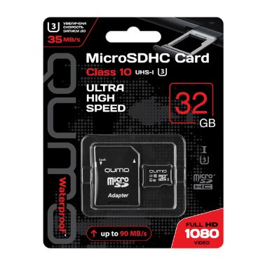 Флеш-накопитель  QUMO MicroSDHC 32Gb, UHS-I U3,3.0, адаптер в комплекте SD (Сlass 10) Черный