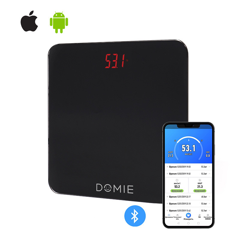 Весы DOMIE напольные с функцией Bluetooth подключения, до 180 кг, с цифровым дисплеем