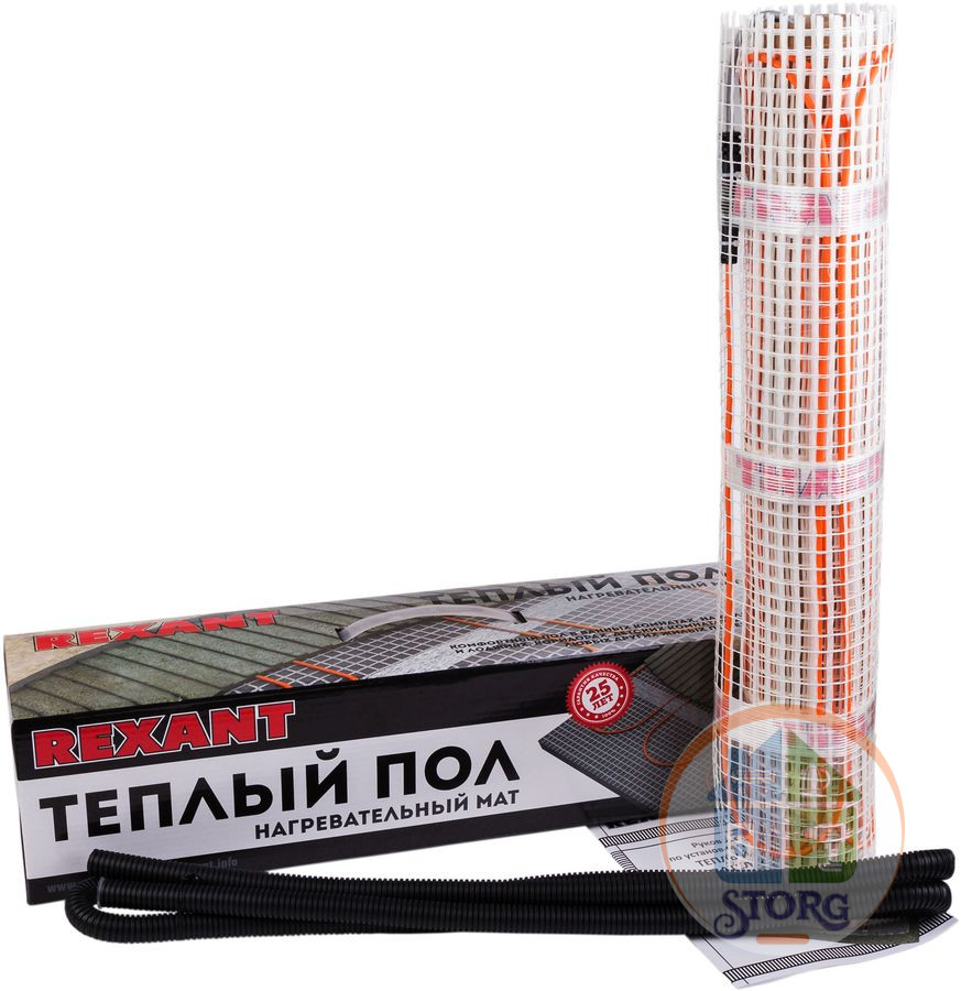 Теплый пол нагревательный мат REXANT, площадь 10,0 м2, 0,5х20,0 м, 1600Вт, двухжильный