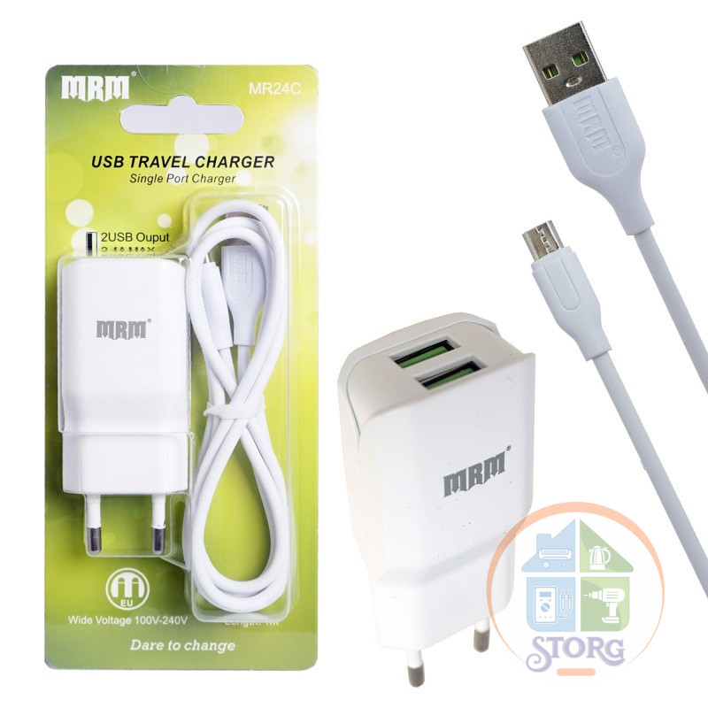 СЗУ MRM MR24m 5V/2.4A 2USB + кабель MicroUSB White
