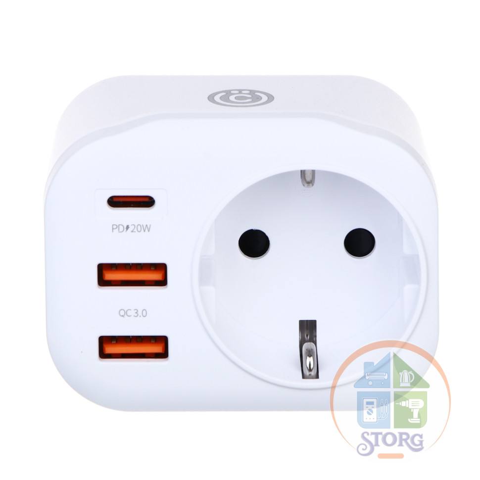 Разветвитель, 1 гнездо ВСЁГАЗИН, 2xUSB-A, USB-C, 5В/3.4А суммарно, 16А, 4000Вт