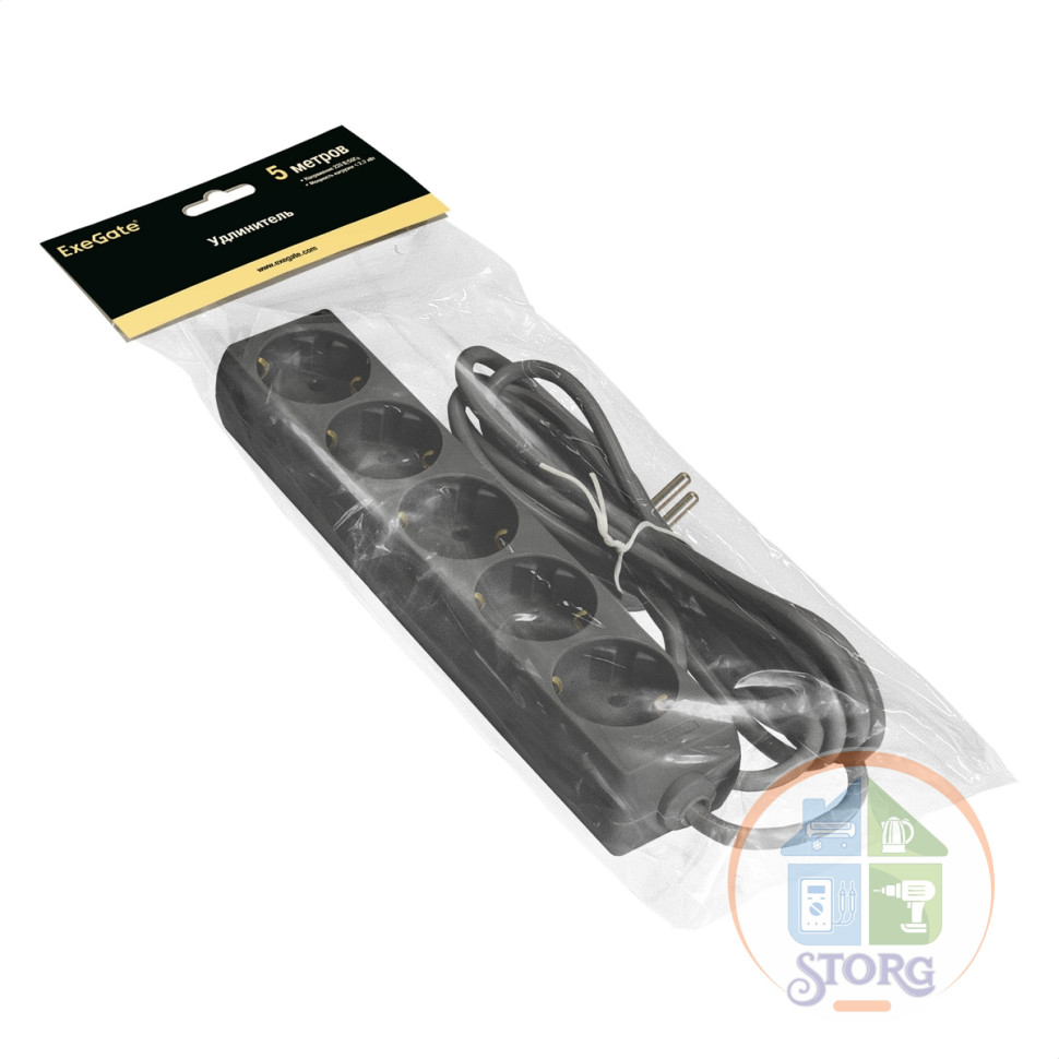 Удлинитель ExeGate ECE-5-5B (EX285825RUS), черный, 5 м, евровилка с заземлением, 5 евророзеток с заземлением, 2200 Вт