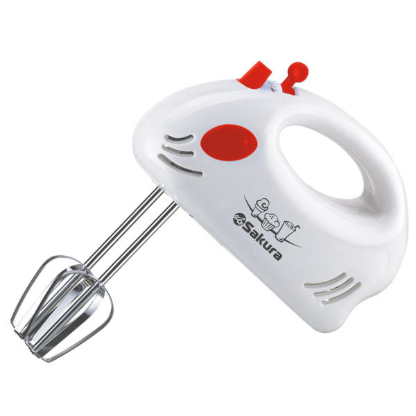 Миксер ручной SAKURA SA-6307R, белый/красный, 150Вт, 7 скоростей работы, 2 крюка, 2 венчика
