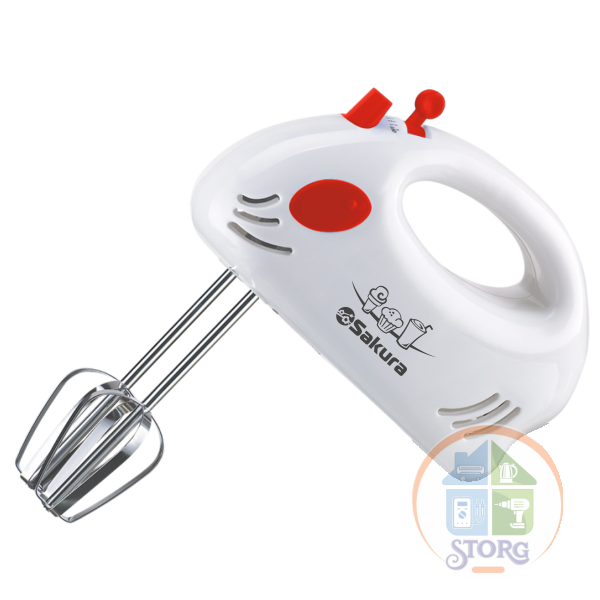Миксер ручной SAKURA SA-6307R, белый/красный, 150Вт, 7 скоростей работы, 2 крюка, 2 венчика