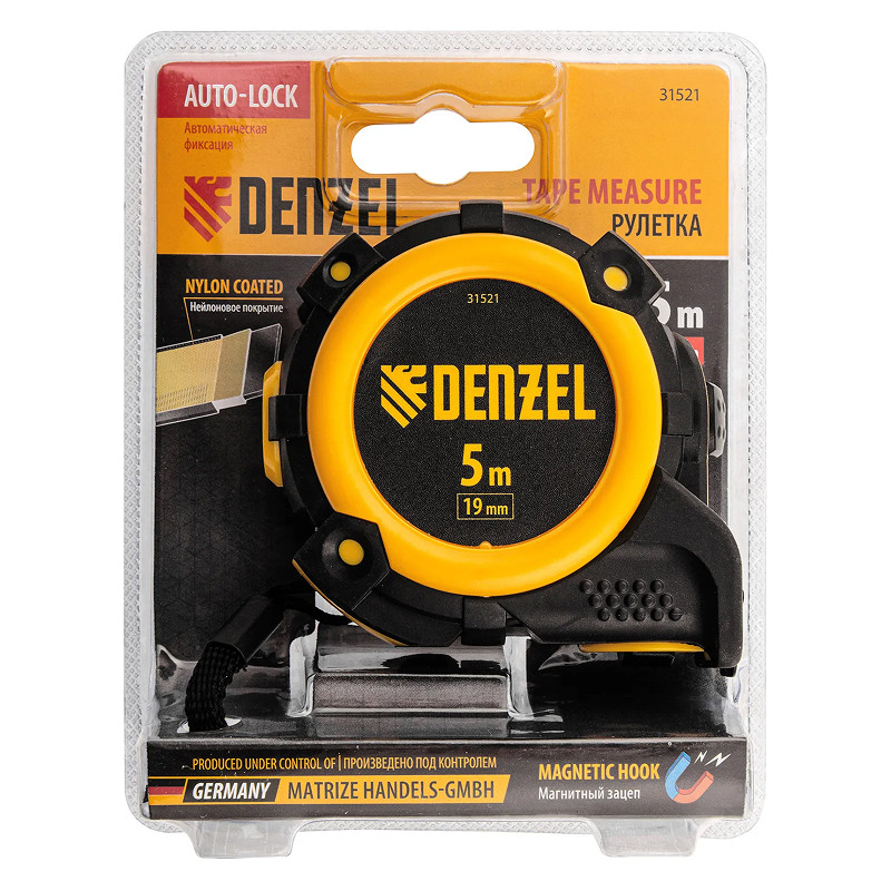 Рулетка Denzel 5м х 19мм, автоматич. фиксац., нейлон. покрытие, магнит. зацеп, двухстор. разметка