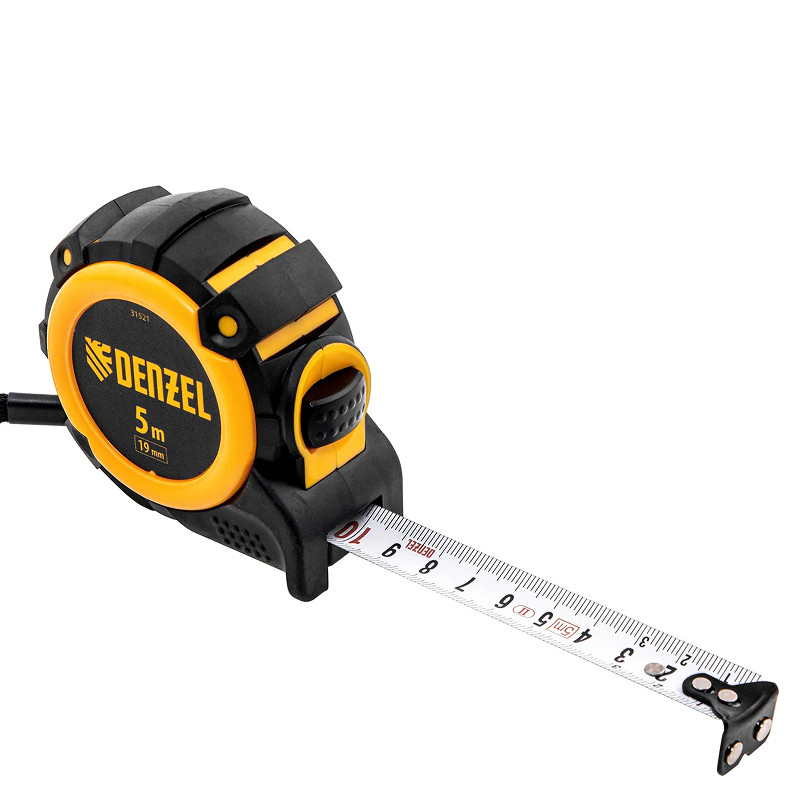 Рулетка Denzel 5м х 19мм, автоматич. фиксац., нейлон. покрытие, магнит. зацеп, двухстор. разметка