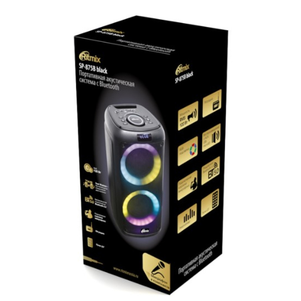 Портативная Bluetooth колонка Ritmix SP-875B Черн., USB Type‑A/microSD/jack 6,3мм, подсв., микрофон
