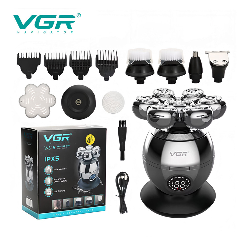 Электробритва VGR V-315, роторная,7плав.головок, влажное/сухое, IPx5, насадки, USB‑зарядка Электробритва VGR V-315, роторная,7плав.головок, влажное/сухое, IPx5, насадки, USB‑зарядка