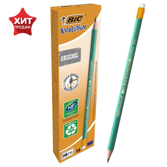 Карандаш чернографитный HB, BIC Evolution, c ластиком, зелёный корпус