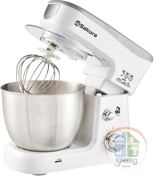 Миксер планетарный SAKURA SA-6327W, белый, 1000Вт, чаша из нерж.стали 3.5л, 6 скоростей