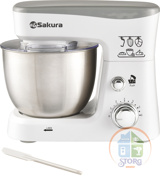 Миксер планетарный SAKURA SA-6327W, белый, 1000Вт, чаша из нерж.стали 3.5л, 6 скоростей