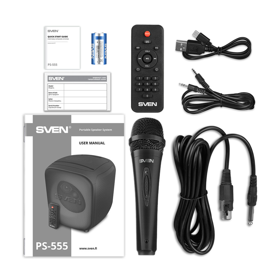 Портативная Bluetooth колонка SVEN PS-555 (Черный, 65Вт (RMS), USB, microSD, пульт, микрофон)