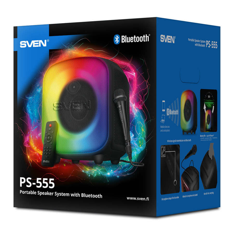 Портативная Bluetooth колонка SVEN PS-555 (Черный, 65Вт (RMS), USB, microSD, пульт, микрофон)