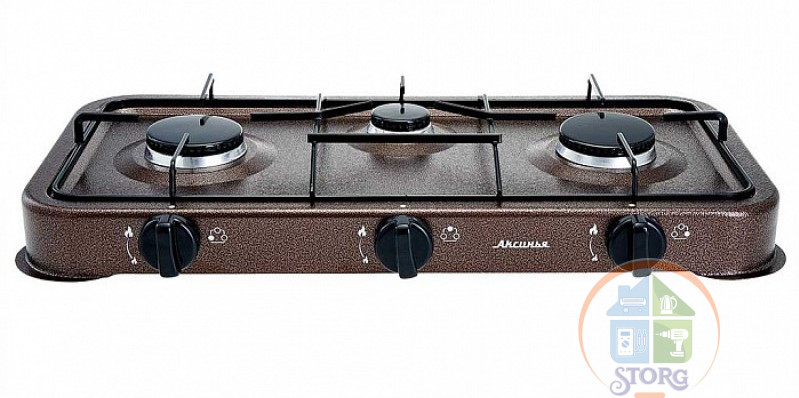 Плита газовая АКСИНЬЯ КС-107, коричневый, 3-конфорочная, эмалир.сталь, сжиженный проппан/бутан