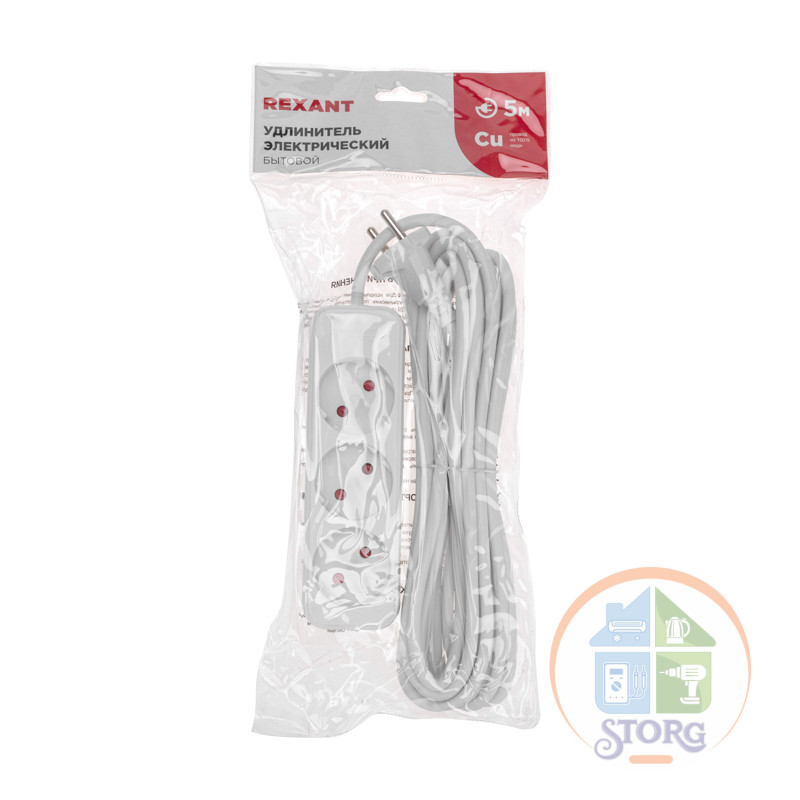 Удлинитель STANDARD 3 гнезда, 5м, 2х1,0мм, б/з, белый REXANT
