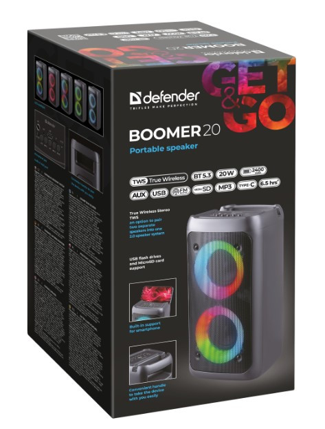 Портативная Bluetooth колонка DEFENDER (65820) Boomer 20, Черный, 20 Вт, 150–18 000 Гц